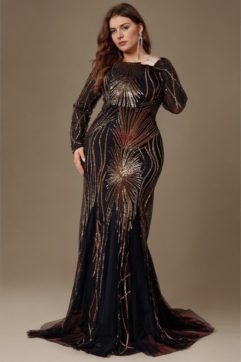 Curveins Plus Size Round Neck Long Sleeve Sequin Bodycon Maxi Dress