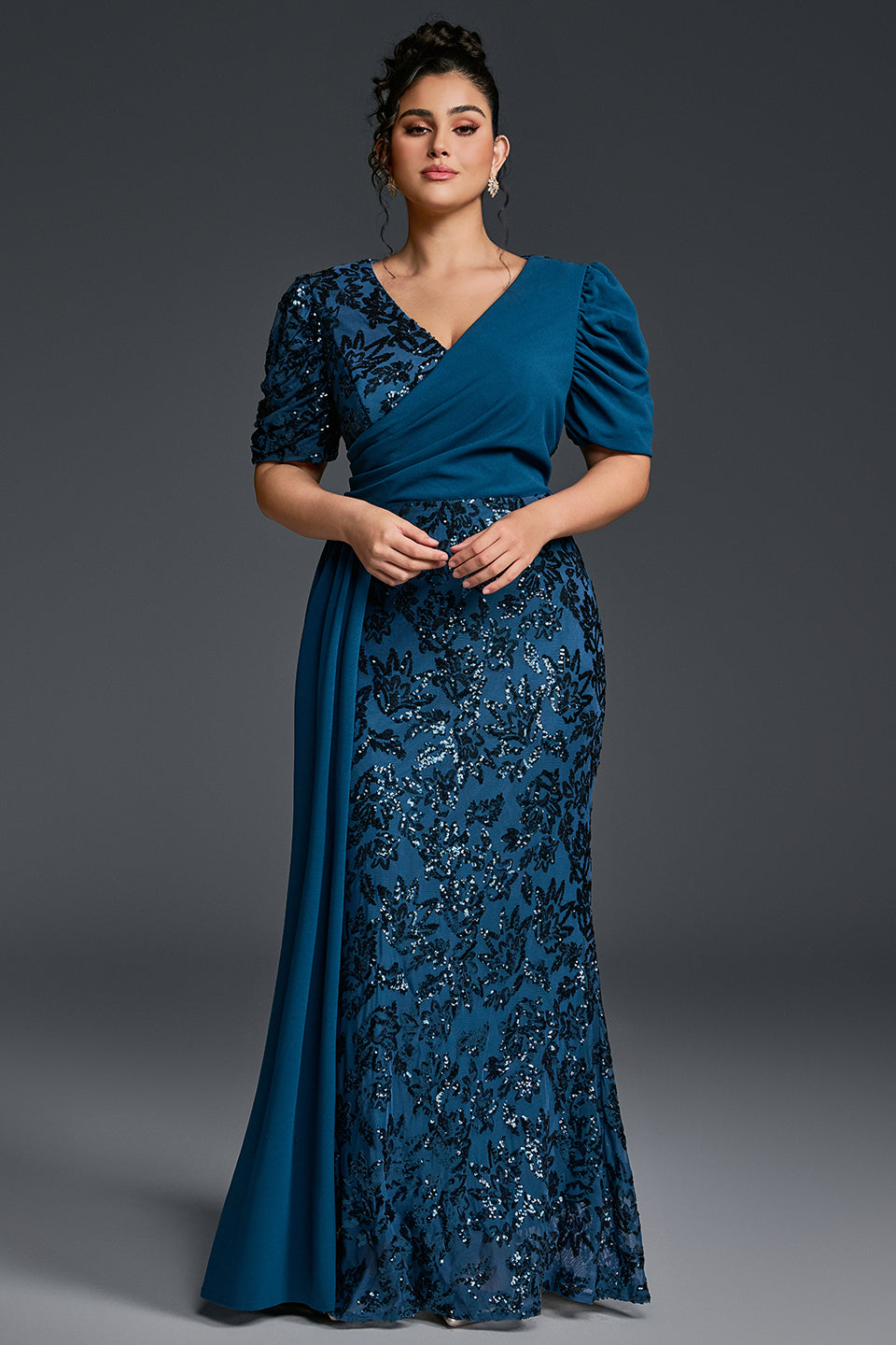 Curveins Plus Size V-Neck Sequin Patchwork Pattern Maxi Dress