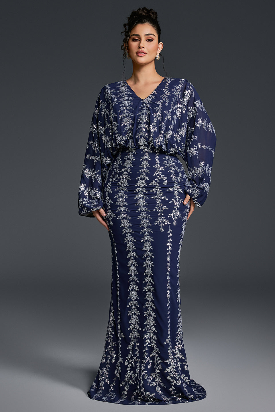 Curveins Plus Size V-Neck Vertical Sequin Bodycon Maxi Dress Elegant Evening Wear