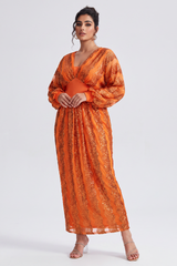 Curveins Plus Size V-Neck Sequin Balloon Sleeve Back-Slit Elegant Evening Maxi Dress