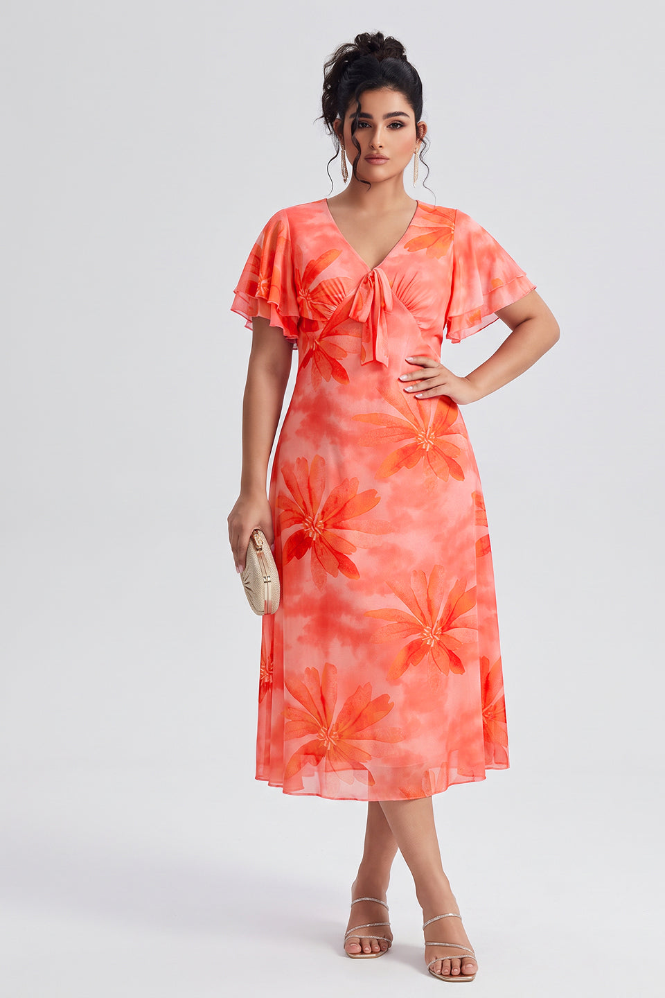 Curveins Plus Size V Neck Batwing Sleeve Flowy Elegant Midi Dress