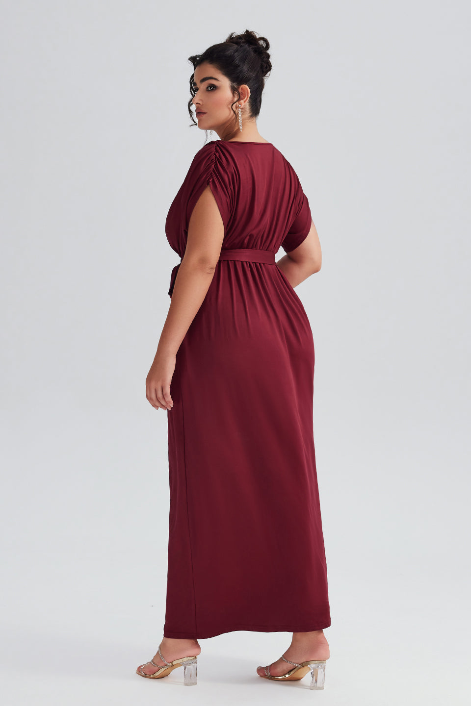 Curveins Plus Size Elastic Waist Shirred V-Neck Wrap Maxi Dress