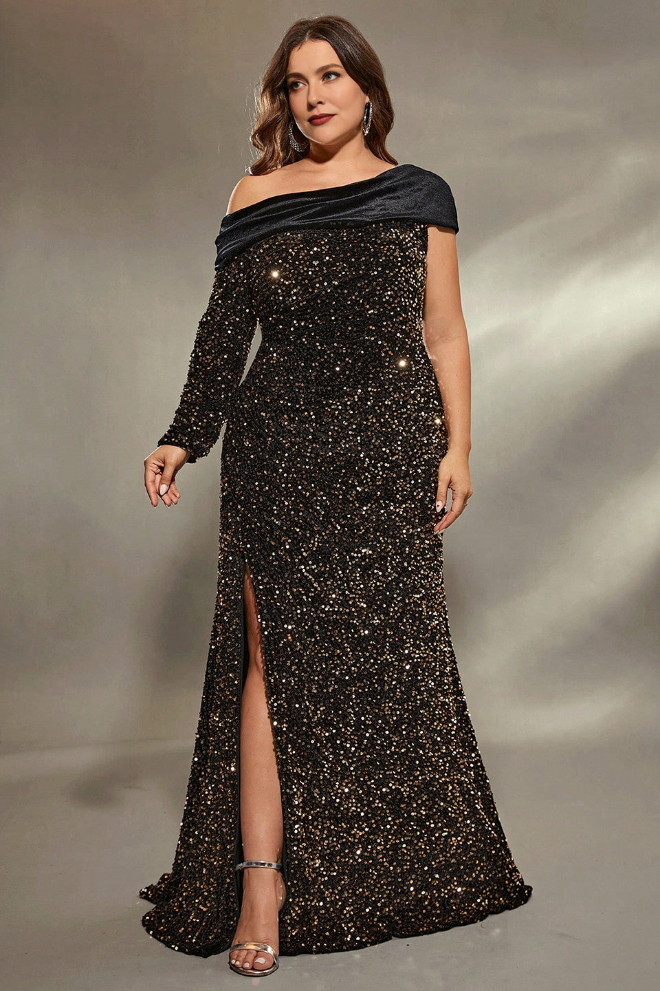 Curveins Plus Size Asymmetric Sleeve Sequin Evening Dress with High Side Slit