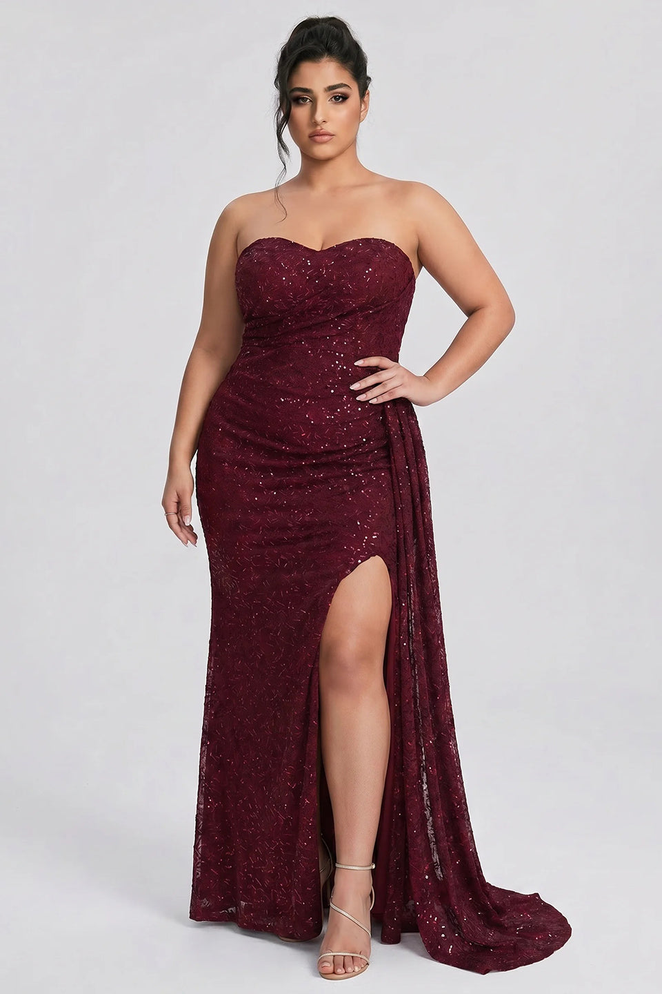 Curveins Plus Size Strapless Sequin Side Sash High Slit Elegant Maxi Dress