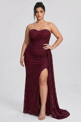 Curveins Plus Size Strapless Sequin Side Sash High Slit Elegant Maxi Dress
