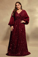 Curveins Plus Size Sequin V Neck Lantern Sleeve Maxi Dress