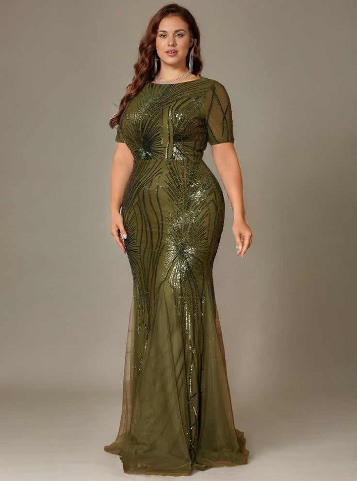 Curveins Plus Size Round Neck Floral Sequins Mermaid Maxi Dress