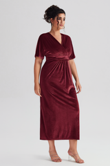 Curveins Plus Size Elegant Velvet V-Neck Shirred Maxi Dress