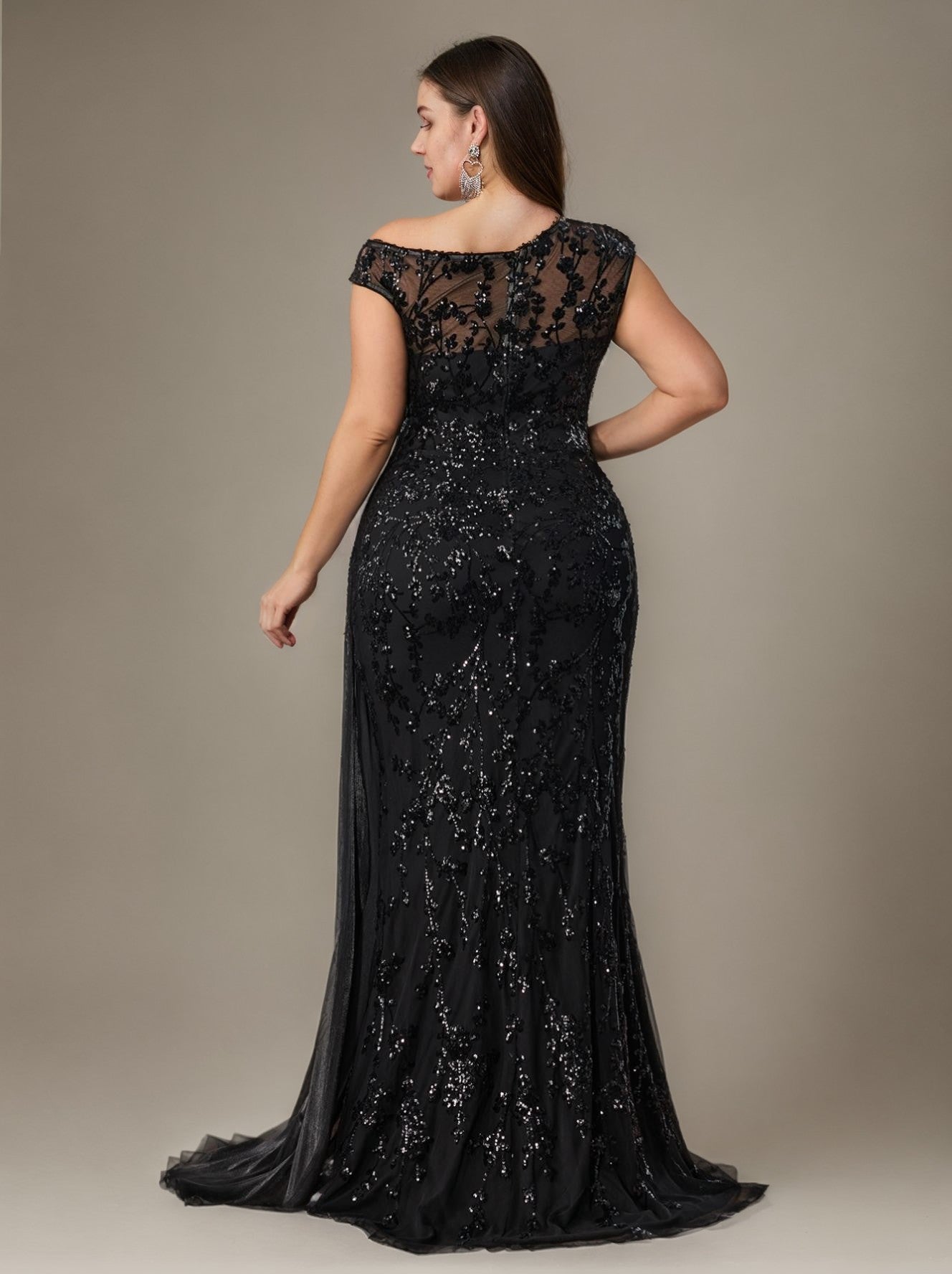 Curveins Plus Size One Shoulder Sleeveless Embroidered Sequin Patchwork Bodycon Maxi Dress