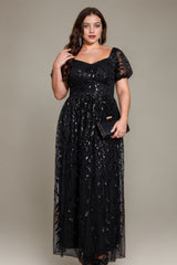 Curveins Plus Size Short Sleeve Embroidered Sequin Puff Sleeve Elegant Maxi Dress