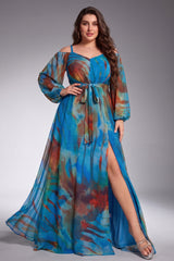 Curveins Plus Size Spaghetti Strap Off Shoulder Puff Sleeve Elegant Maxi Dress