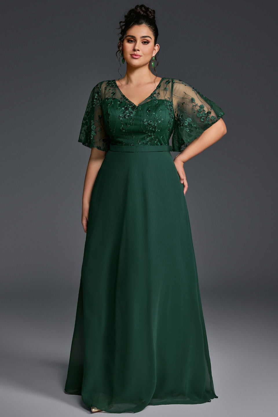 Curveins Plus Size V-Neck Batwing Sleeve Printed Maxi Dress