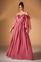 Curveins Plus Size Off-Shoulder Long Sleeve Solid Color Waist-Defined Maxi Dress