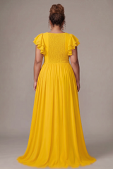 Curveins Plus Size V-Neck Ruffle Sleeve Split A-Line Maxi Dress