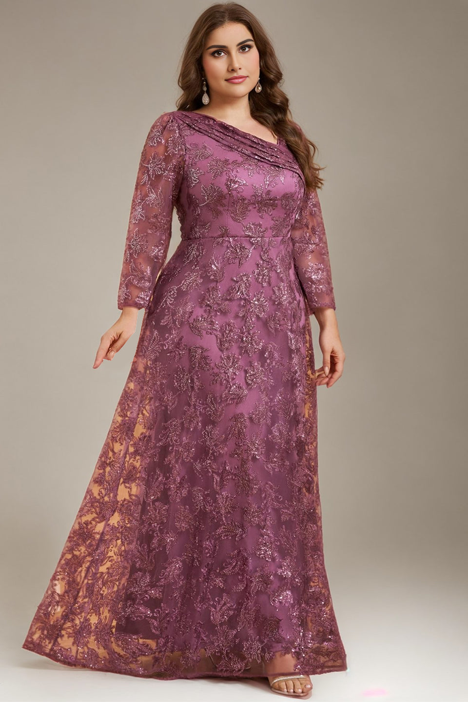 Curveins Plus Size V-Neck Long Sleeve Floral Embroidered Sequin Maxi Dress