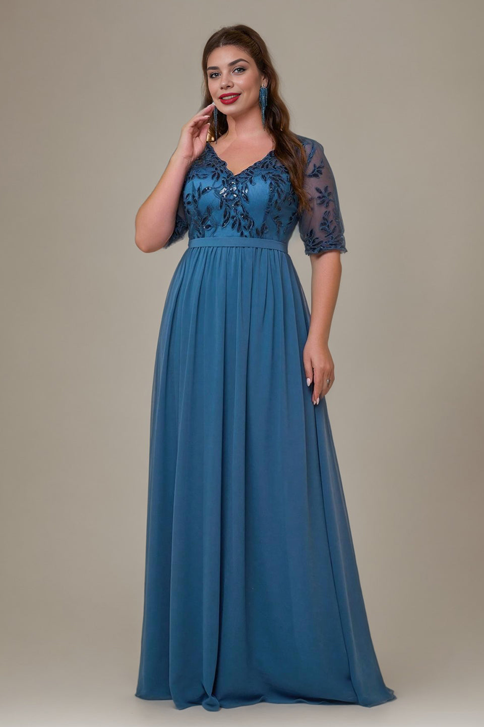 Curveins Plus Size V-Neck Sequin Floral Patchwork Maxi Dress