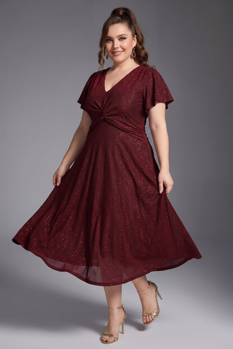 Curveins Plus Size V Neck Short Sleeve Ruched Sparkling Flared Midi Dress