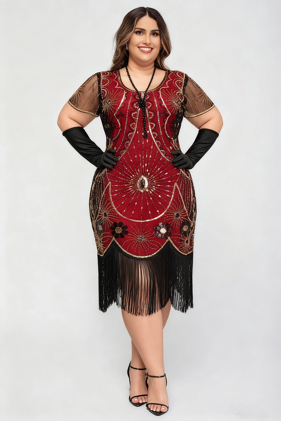 Curveins 1920s Black Daisy Plus Size Vintage Beaded Tassel Flapper Dress