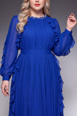 Curveins Plus Size Elegant Round Neck Long Sleeve Ruched Waist Slim Fit Evening Maxi Dress