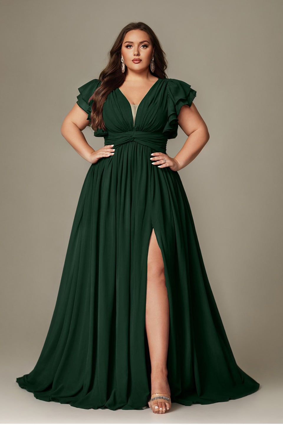 Curveins Plus Size V-Neck Ruffle Sleeve Split A-Line Maxi Dress