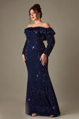 Curveins Plus Size Off-Shoulder Sparkling Sequin Fitted Mermaid Maxi Dress