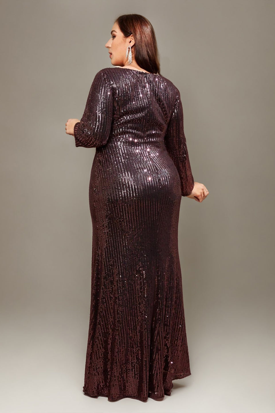 Curveins Plus Size V-Neck Long Sleeve Sequin Maxi Dress with Side Slit