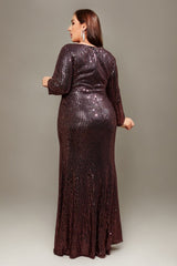 Curveins Plus Size V-Neck Long Sleeve Sequin Maxi Dress with Side Slit