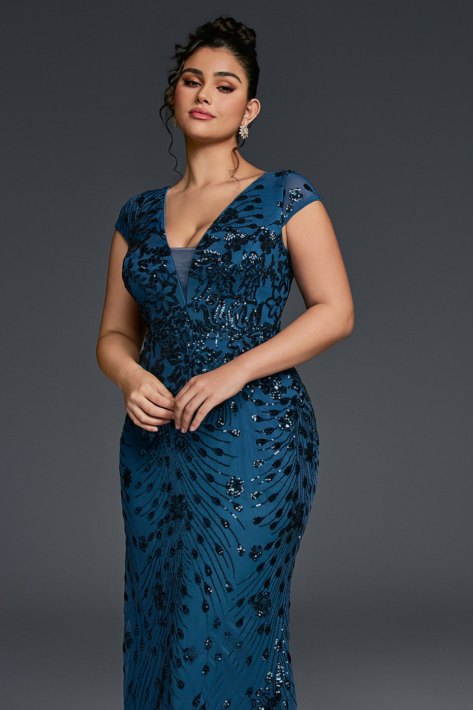 Curveins Plus Size One-Shoulder Side Slit and Waist Cinch Maxi Dress