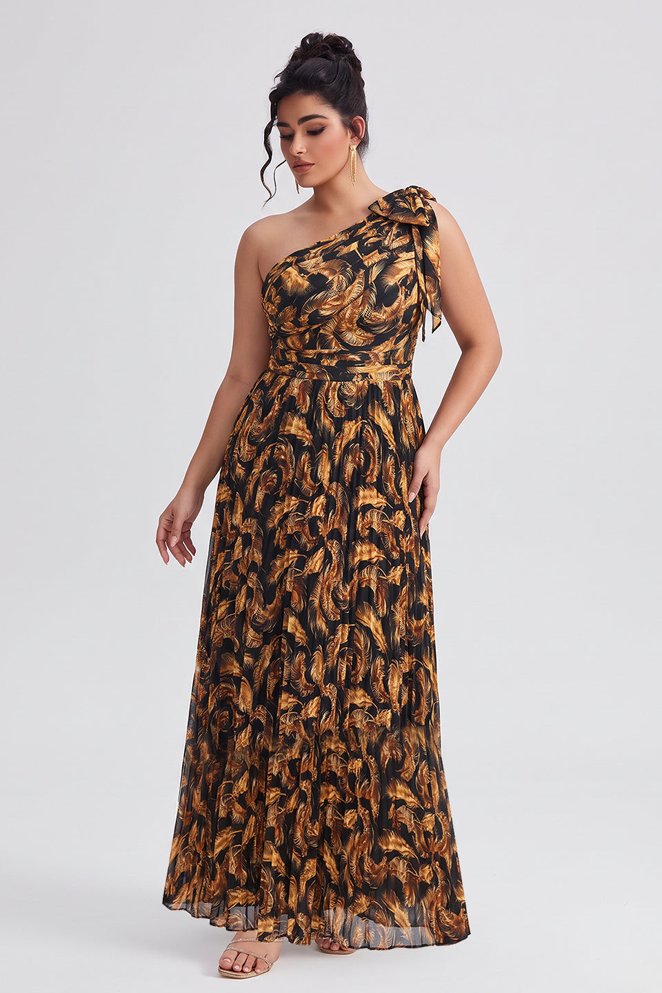 Curveins Plus Size One Shoulder Striped Cinched Waist Flowy Maxi Dress
