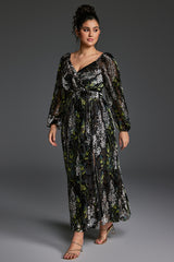 Curveins Plus Size Velvet Lantern Sleeve Plain Maxi Dress