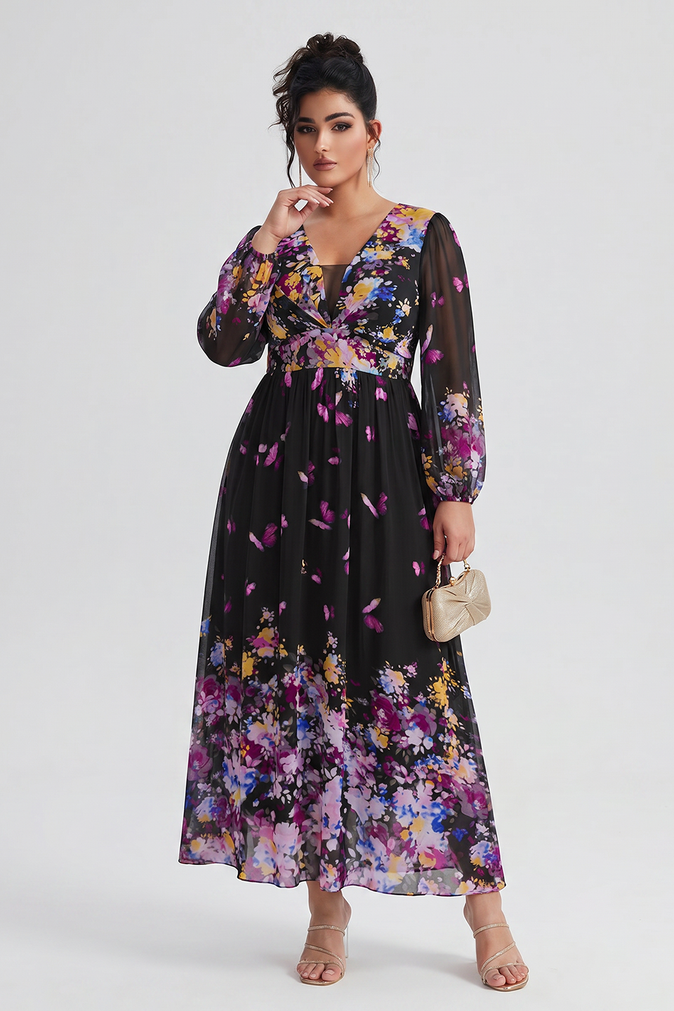 Curveins Plus Size V Neck Floral Long Sleeve Flowy Elegant Casual Maxi Dress