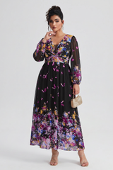 Curveins Plus Size V Neck Floral Long Sleeve Flowy Elegant Casual Maxi Dress