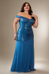 Curveins Plus Size Off-Shoulder Sequin Patchwork Maxi Dress with Side Slit