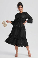 Curveins Plus Size Round Neck Fringe Detail Elegant Loose Pleated Midi Dress