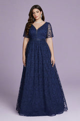 Curveins Plus Size Elegant V-Neck Embroidered Short-Sleeve Slimming Maxi Dress