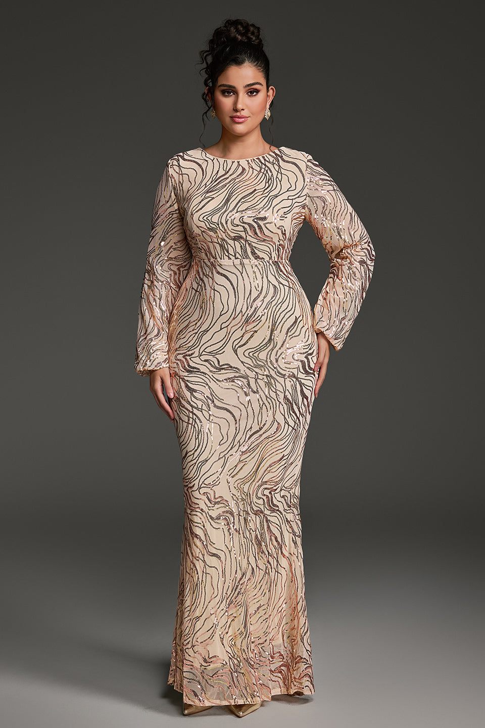 Curveins Plus Size Round Neck Puff Sleeve Striped Sequin Bodycon Maxi Dress