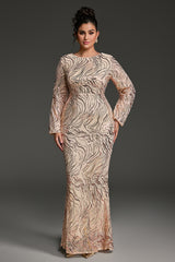 Curveins Plus Size Round Neck Puff Sleeve Striped Sequin Bodycon Maxi Dress