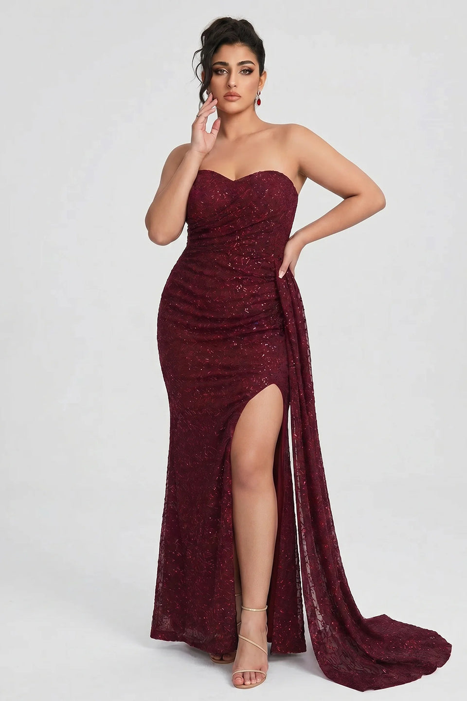 Curveins Plus Size Strapless Sequin Side Sash High Slit Elegant Maxi Dress