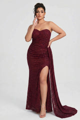 Curveins Plus Size Strapless Sequin Side Sash High Slit Elegant Maxi Dress