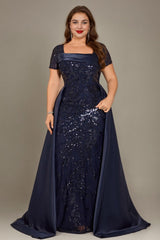 Curveins Plus Size Square Neck Short Sleeve Sequin Waist Defining Belted Maxi Dress