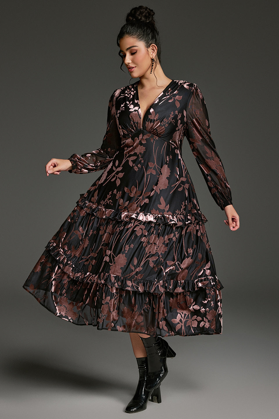 Curveins Plus Size Velvet V-Neck Lantern Sleeve Tiered Midi Dress