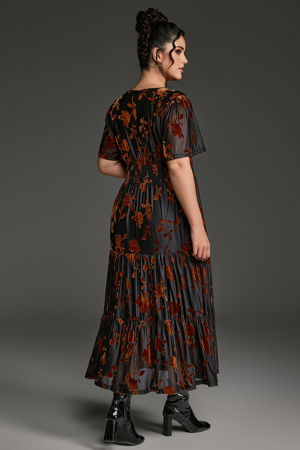 Curveins Plus Size Velvet V-Neck Ruched  Dress
