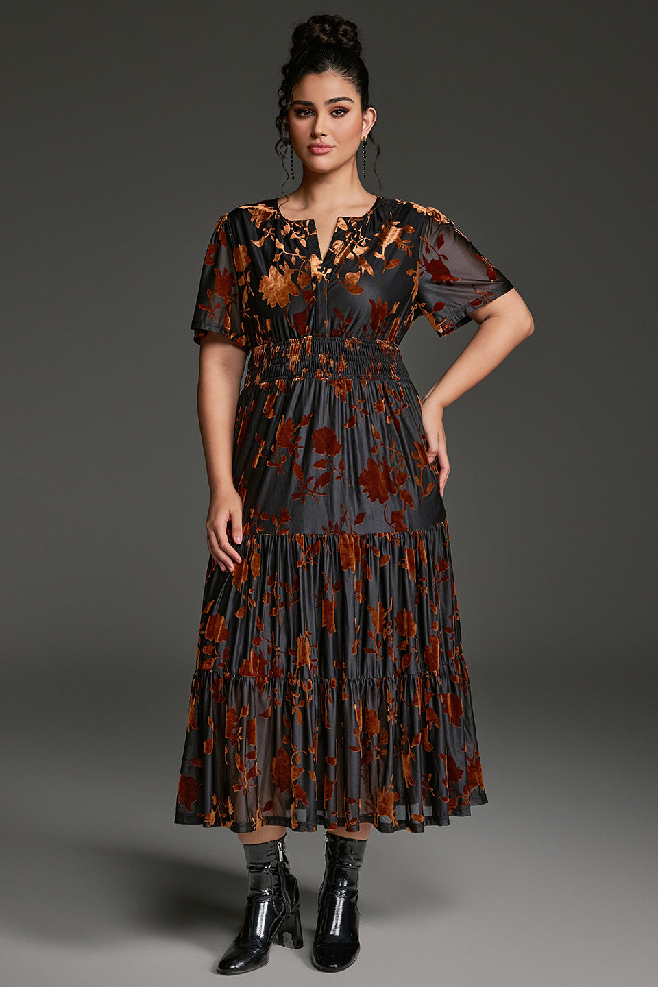 Curveins Plus Size Velvet V-Neck Ruched  Dress