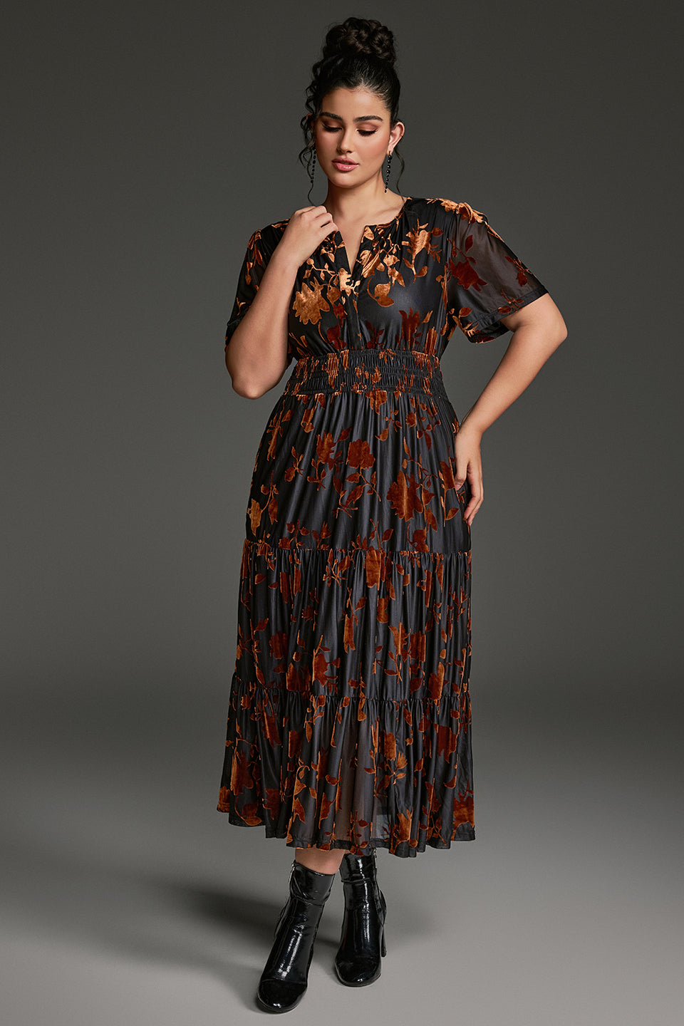 Curveins Plus Size Velvet V-Neck Ruched  Dress