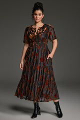 Curveins Plus Size Velvet V-Neck Ruched  Dress