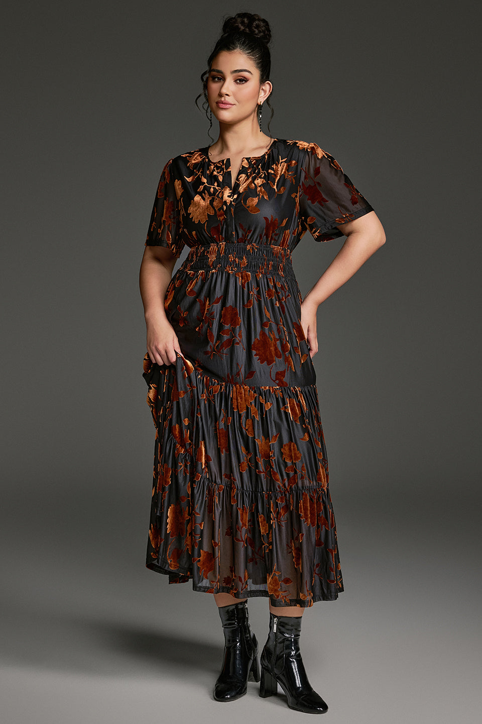 Curveins Plus Size Velvet V-Neck Ruched  Dress