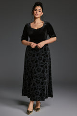 Curveins Plus Size V-Neck Long Sleeves Fitted Waist Floral Patchwork Maxi Dress