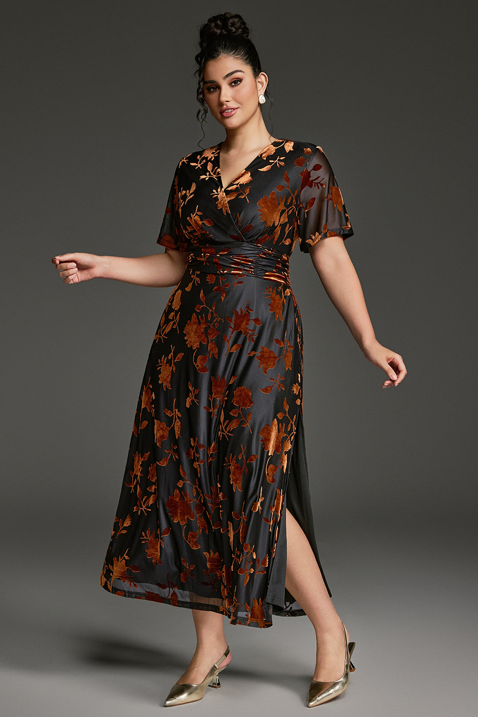 Curveins Plus Size Velvet Surplice Vintage Plain Maxi Dress