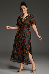 Curveins Plus Size Velvet Surplice Vintage Plain Maxi Dress