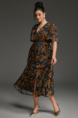 Curveins Plus Size V-Neck Sheer Batwing Sleeve Floral Velvet Midi Dress